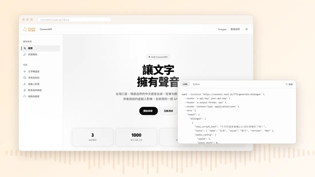 VoAI API 文件網站 connect.voai.ai 的總覽頁，旁邊是多角色對話的 cURL 請求範例