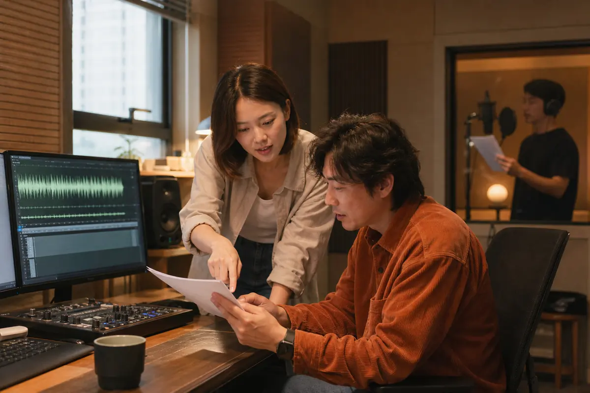 影音製作團隊在剪輯室討論配音段落
